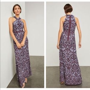 BCBGMAXAZRIA Embroidered Chiffon Halter Gown